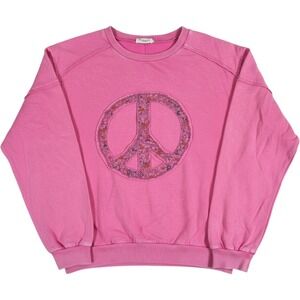 Easel Peace Sign Sweatshirt Women Small Boho Floral Patchwork Acid Wash Pink